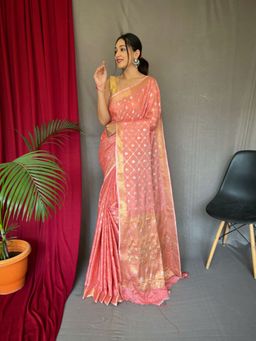 EXCLUSIVA - Peach Woven Banarasi Saree with Unstitched Blouse