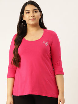 theRebelinme - Plus Size Womens Fuchsia Solid Color Round Neck Cotton 3/4th Sleeve T-Shirt