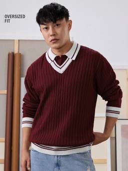 The Souled Store - Burgundy Cable-Knit Pullover Men Oversized Pullovers