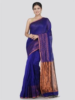 PinkLoom - Women's Jute Cotton Saree with Unstitched Blouse Piece, Blue