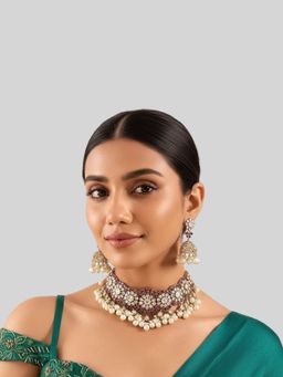 Auraa Trends - Stunning Maroon Kundan White Choker Necklace With Earrings