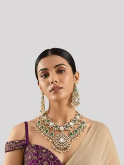 Auraa Trends - Gold Finish Kundan Polki White Necklace With Earrings