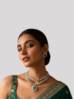 Auraa Trends - Exquisite Double-Layer Kundan Green Necklace With Earrings