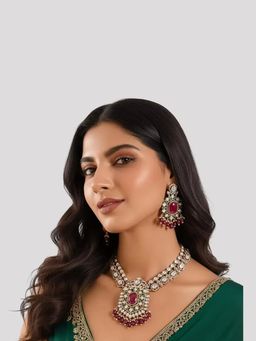 Auraa Trends - Gold Finish Kundan Polki Ruby Pink Stone Necklace With Earrings