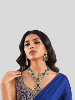 Auraa Trends - Gold Finish Kundan Polki Green Necklace With Earrings