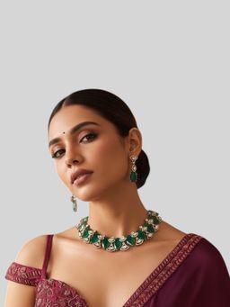 Auraa Trends - Gold Finish Kundan Polki And Deep Green Stone Choker Necklace With Earrings