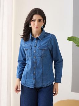 Latin Quarters - Women Blue Solid Full Sleeves Collar Neck Casual Shirt