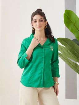 Latin Quarters - Women Green Solid Collar Neck Casual Shirt