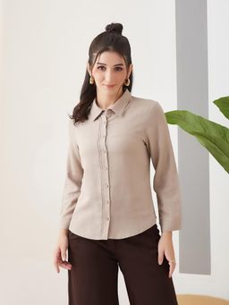 Latin Quarters - Women Beige Solid Full Sleeves Collar Neck Casual Shirt