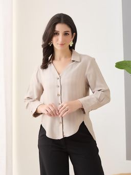 Latin Quarters - Women Beige Stripes Collar Neck Casual Shirt