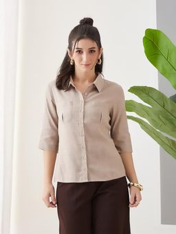Latin Quarters - Women Beige Solid Collar Neck Casual Shirt