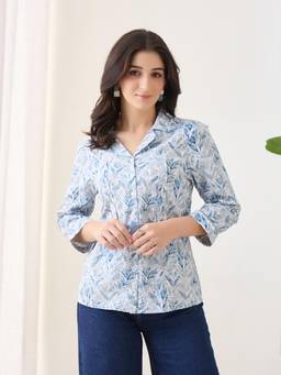 Latin Quarters - Women Blue Printed Spread Collar Casual Shirt