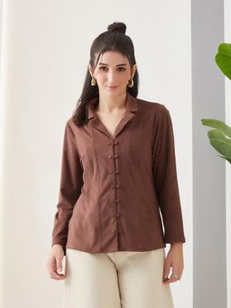 Latin Quarters - Women Brown Solid Full Sleeves Casual Shirt