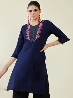 Soch - Women Navy Blue Rayon Embroidered Kurta