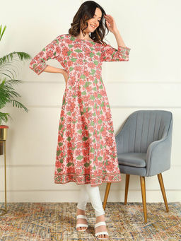Mokshi - Women Pink Floral Printed Pure Cotton Anarkali Kurta
