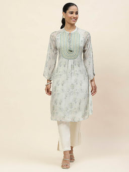 Lakshita - Sana Light Green Printed Chiffon Embroidered Straight Kurta