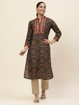 Lakshita - Black Printed Chanderi Cotton Embroidered Straight Kurta