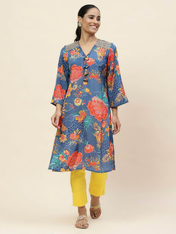 Lakshita - Blue Viscose Rayon Floral Printed Straight Kurta