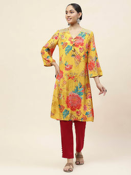 Lakshita - Mustard Viscose Rayon Floral Printed Straight Kurta