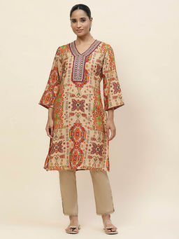 Lakshita - Beige Printed Chanderi Mirror Work Straight Kurta