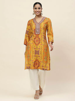 Lakshita - Mustard Printed Chanderi Mirror Work Straight Kurta