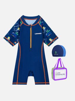Little Surprise Box - Little Surprise Box,Dark Blue Geometric Alligator Swimwear+Cap,With Free Wash Bag