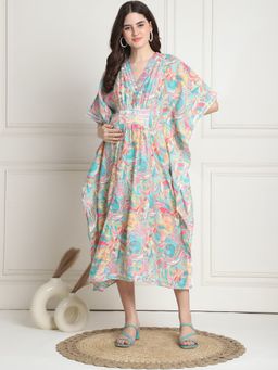 Secret Wish - Floral Print Multi Silk Blend Maternity Kaftan Dress Calf Length