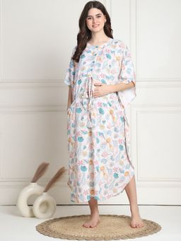 Secret Wish - Printed White Rayon Maternity Kaftan Full Length (Set of 2)
