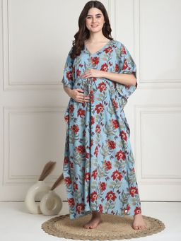 Secret Wish - Floral Print Sky Blue Cotton Maternity Kaftan Full Length (Set of 2)