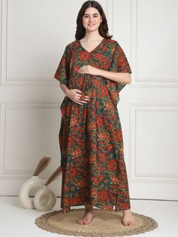 Secret Wish - Floral Print Dark Green Cotton Maternity Kaftan Full Length (Set of 2)