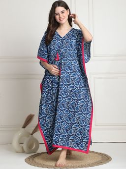 Secret Wish - Printed Navy Blue Cotton Maternity Kaftan Full Length (Set of 2)