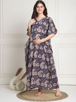 Secret Wish - Printed Blue Cotton Maternity Kaftan Full Length (Set of 2)