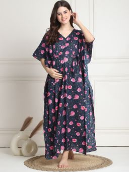 Secret Wish - Floral Print Navy Blue Cotton Maternity Kaftan Full Length (Set of 2)