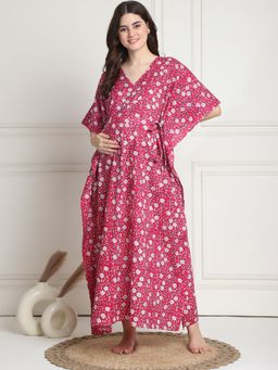 Secret Wish - Floral Print Pink Cotton Maternity Kaftan Full Length (Set of 2)