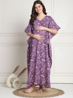 Secret Wish - Floral Print Purple Cotton Maternity Kaftan Full Length (Set of 2)