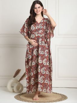 Secret Wish - Printed Maroon Cotton Maternity Kaftan Full Length (Set of 2)