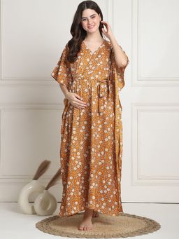 Secret Wish - Floral Print Mustard Cotton Maternity Kaftan Full Length (Set of 2)