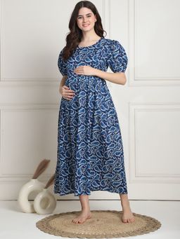 Secret Wish - Printed Navy Blue Cotton Maternity Nightdress Calf Length