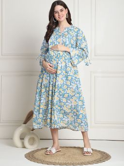 Secret Wish - Floral Print Light Blue Cotton Maternity Dress Calf Length