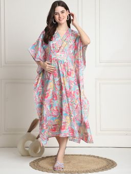 Secret Wish - Floral Print Multi Silk Blend Maternity Kaftan Dress Calf Length