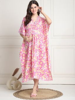 Secret Wish - Floral Print Pink Cotton Maternity Kaftan Dress Calf Length