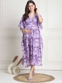 Secret Wish - Floral Print Purple Cotton Maternity Kaftan Dress Calf Length