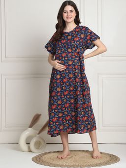 Secret Wish - Floral Print Dark Blue Cotton Maternity Nighty Calf Length