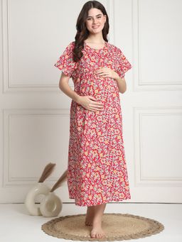 Secret Wish - Floral Print Red Cotton Maternity Nighty Calf Length