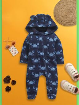 Nino Bambino - Navy Blue Velour Full Sleeves Hoodie Romper for Kids