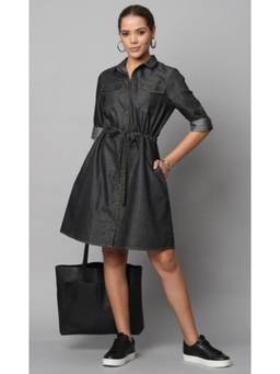 Tripursundari Fashion - Women’s Denim Shirt Casual Western Black Knee-Length Dress