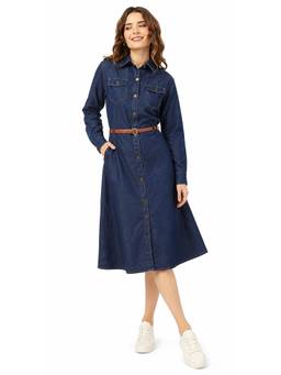 Tripursundari Fashion - Women’s Navy Blue Denim Shirt Dress, Button-Down Casual Midi Dress