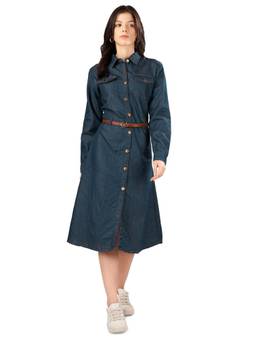 Tripursundari Fashion - Women’s Navy Blue Denim Shirt Dress, Button-Down Casual Midi Dress