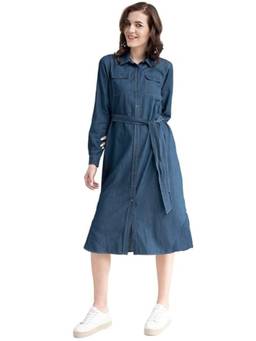 Tripursundari Fashion - Women’s Navy Blue Denim Shirt Dress, Button-Down Casual Midi Dress