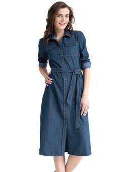 Tripursundari Fashion - Women’s Navy Blue Denim Shirt Dress, Button-Down Casual Midi Dress